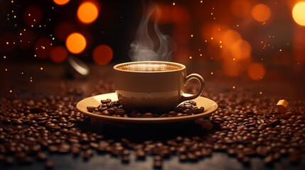 Obraz premium Tasse de café ou cappuccino. Boisson chaude, ambiance chaleureuse et relaxante. Arrière-plan pour conception et création graphique.