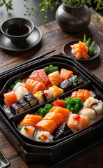 Elegant sushi Bento box arrangement on wooden table, culinary artistry