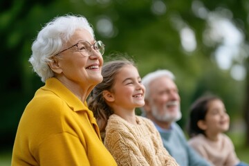 Fototapeta premium Happy family enjoying time together outdoors, smiling grandmother, grandfather, and grandchildren