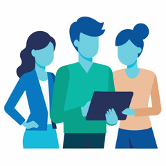 Fototapeta premium Office workers collaborating on tablet in flat vector style design