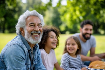 Fototapeta premium Happy grandfather with family enjoying picnic outdoors in sunny park, creating lasting memories