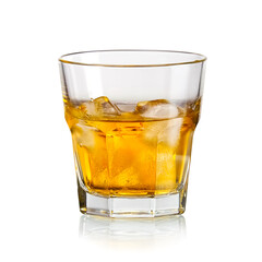 Glass of whiskey with ice on white background, studio shot