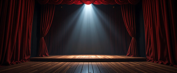 Empty Stage with Plush Red Curtains Under a Spotlight on Wooden Flooring in a Dimly Lit Theater Setting