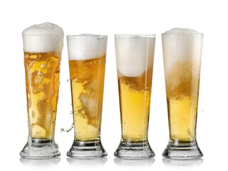 Four lager beer glasses in line on white background, studio shot