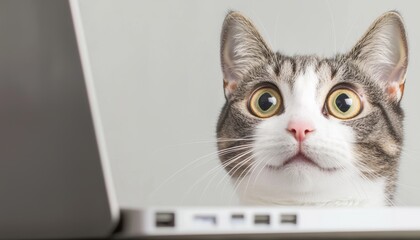 Curious cat with an unexpected expression, staring at a laptop screen as if discovering something unbelievable, soft indoor lighting, ultra-realistic