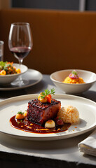 Artistic presentation of duck confit with sides, elegant dining experience