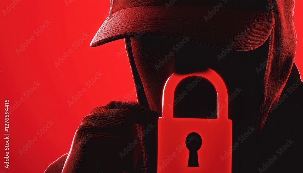 Poster cyber hacker attempting to breach security, glowing red warning lock icon, cyber attack prevention, 