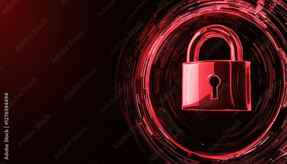 Poster cyber hacker attempting to breach security, glowing red warning lock icon, cyber attack prevention, 