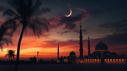 Fototapeta premium Majestic mosque glowing at night with crescent moon grand Islamic architecture serene Ramadan atmosphere copyspace spiritual beauty peaceful dark sky