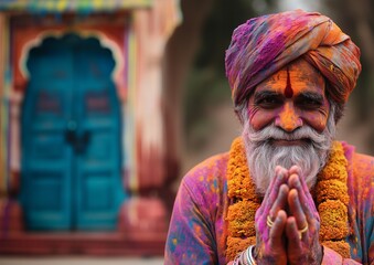 Obraz premium Man covered in colorful powder with hands in prayer position, likely celebrating a festival in front of ornate blue door.