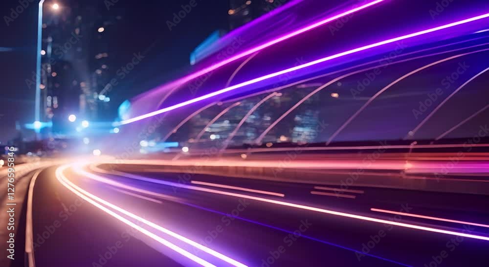 Aufkleber light trails are speeding across a highway at night with glowing dots on the side creating a futuris