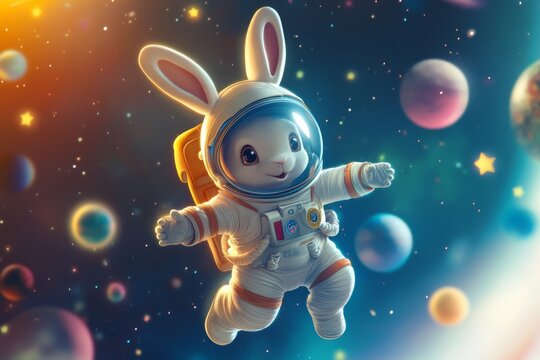 Cute astronaut bunny exploring outer space with colorful planets