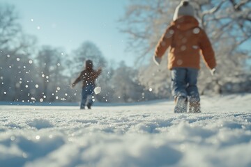 Child joyfully plays in a snowy field under bright winter sunlight