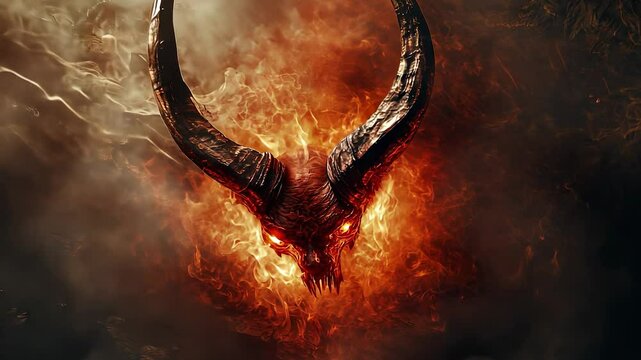 A demon head with flames coming out of it. Horns and red bulls on a red bull background. A fire glares through the marble pattern. A demonic face emitting flames lifestyle.
