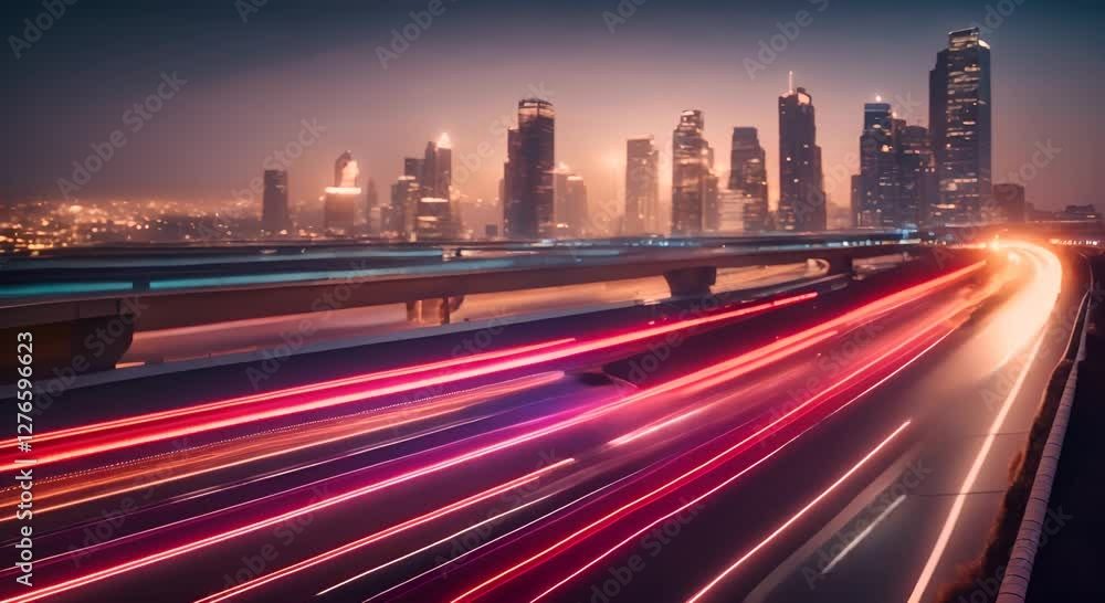 Aufkleber light trails are speeding across a highway at night with glowing dots on the side creating a futuris
