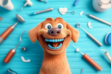 Happy cartoon dog at dentist with dental tools on blue background