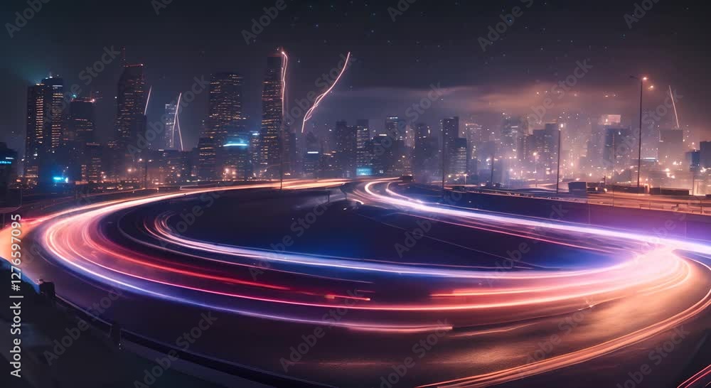 Poster light trails are speeding across a highway at night with glowing dots on the side creating a futuris