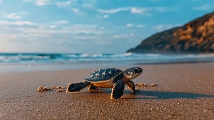 Sea Turtle Crawling on Sandy Beach Under Bright Blue Sky