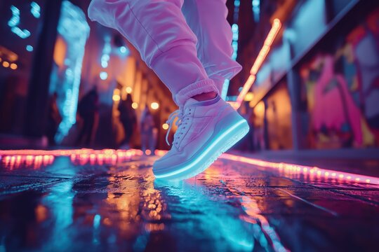 Melbourne Shuffle dancer moves effortlessly, neon lights illuminating rhythmic footwork and energy