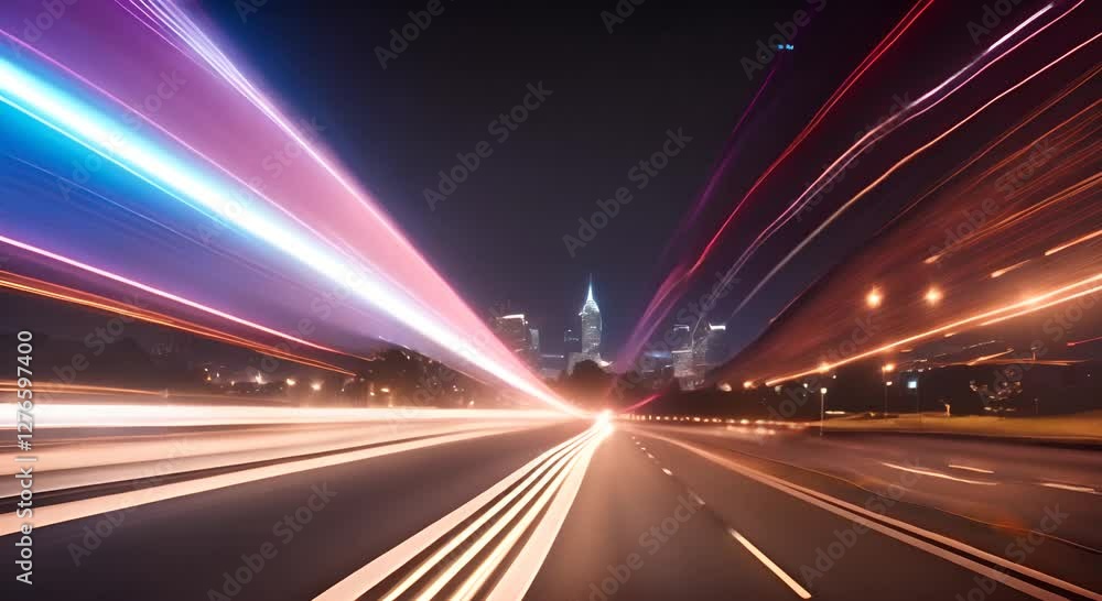 Poster light trails are speeding across a highway at night with glowing dots on the side creating a futuris