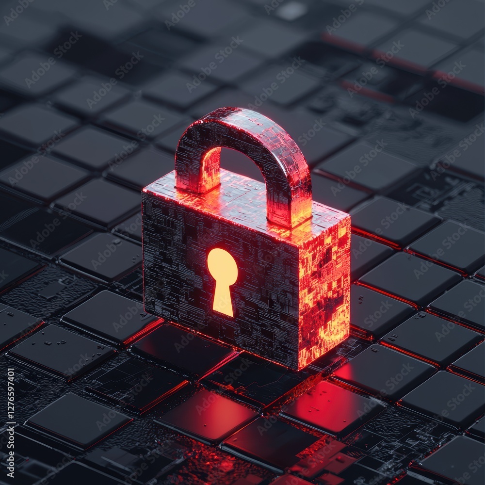 Poster encrypted digital file security, futuristic glowing lock symbol on a virtual screen, cyber protectio