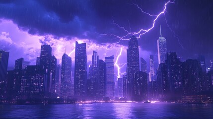 Fototapeta premium Purple-hued storm lighting illuminating the city skyline, with streaks of lightning cutting through the dark sky, adding a dynamic and intense effect.