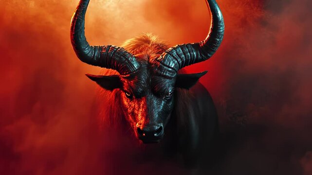 A demon head with flames coming out of it. Horns and red bulls on a red bull background. A fire glares through the marble pattern. A demonic face lifestyle emitting flames.