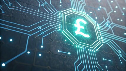 Digital currency symbol with circuit patterns representing technology and finance.