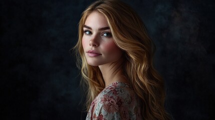 Naklejka premium Captivating Portrait of a Young Woman with Flowing Hair Against a Dark Background