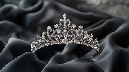 Fototapeta premium Elegant silver tiara with diamonds placed on dark cloth against a grey background Space for text