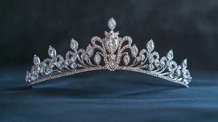 Elegant silver tiara with diamonds placed on dark cloth against a grey background Space for text