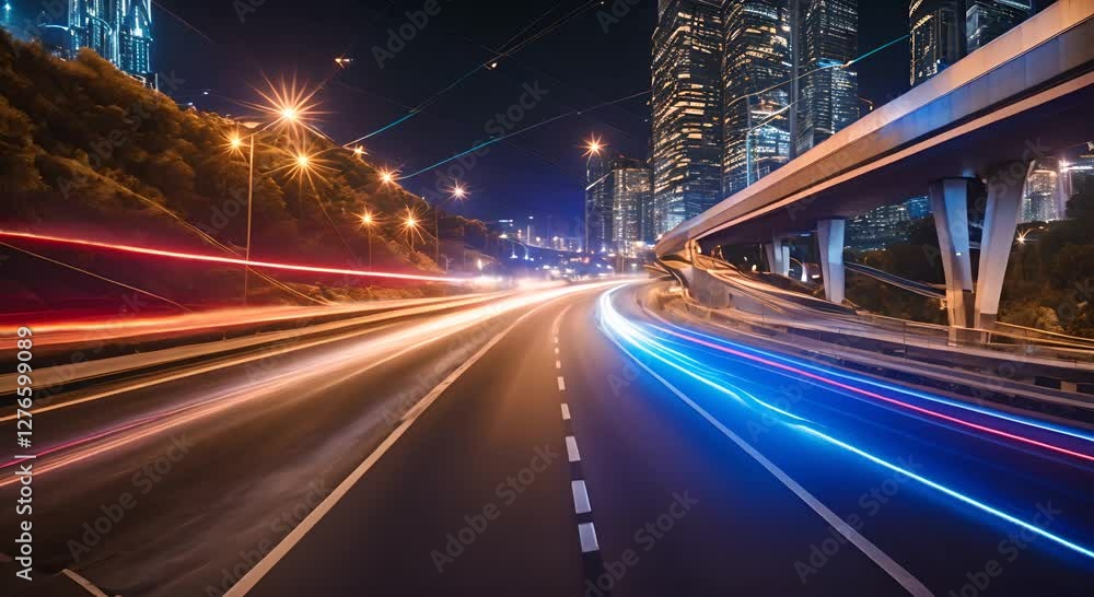 Aufkleber light trails are speeding across a highway at night with glowing dots on the side creating a futuris