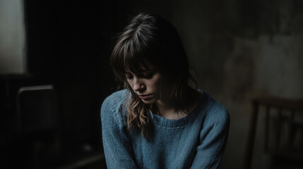 Fototapeta premium A contemplative young woman with natural beauty sitting in a dimly lit room, expressing deep emotions and introspection while wearing a cozy sweater, captured in artistic photography.