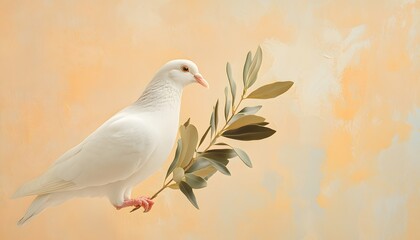 Fototapeta premium White dove rests gently on an olive branch softly lit