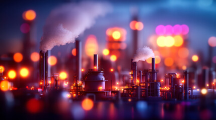 Oil refinery at night with glowing lights and smoke, creating industrial atmosphere