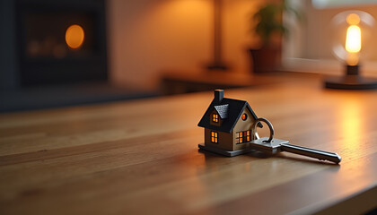 Obraz premium Miniature house model with key on wooden table, House keys, Real Estate 