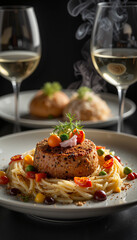 Gourmet salmon dish with pasta and vibrant toppings, culinary elegance