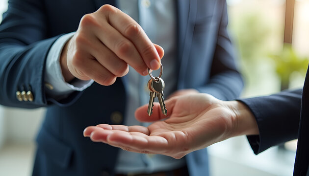 Person handing over keys in a professional environment, House keys, Real Estate 