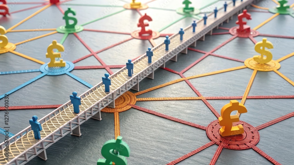 Poster colorful network connections with figures and currency symbols representing financial relationships.