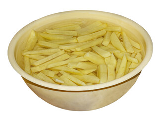 Plastic container with peeled and cut potatoes