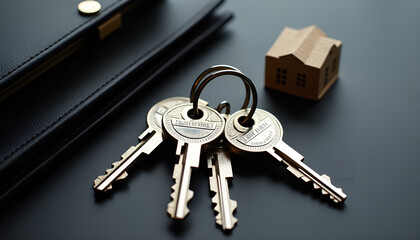 Keys on a black surface with a miniature house, House keys, Real Estate 