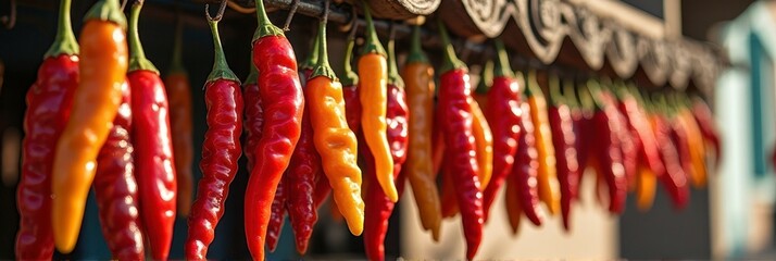 Vibrant red and yellow chili peppers drying outdoors on rustic string
