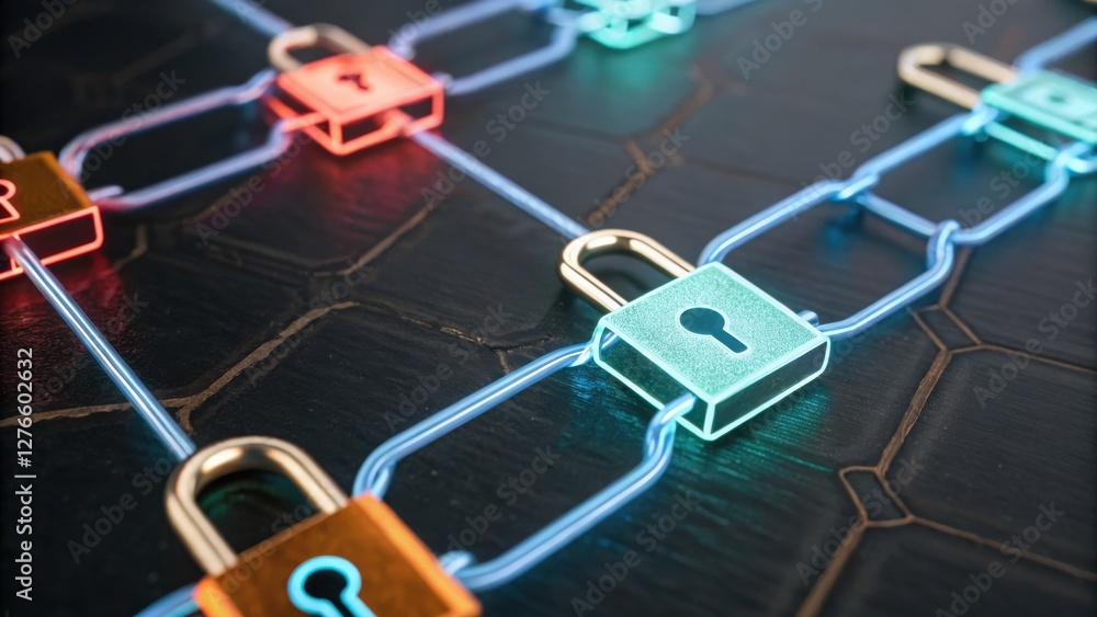 Poster digital locks connected by glowing lines, symbolizing cybersecurity and blockchain technology.