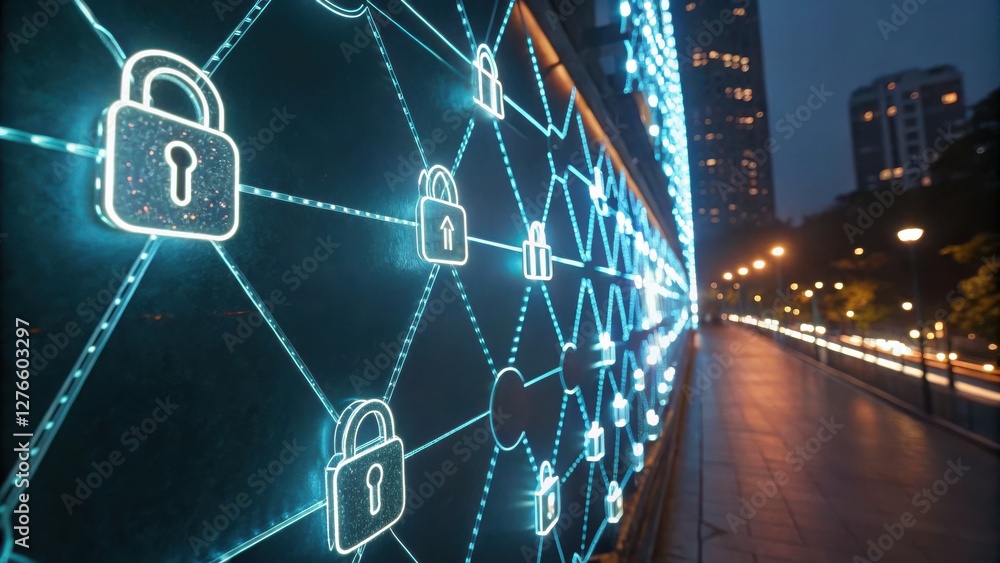 Leinwandbilder digital network with lock symbols illuminated at night, symbolizing cybersecurity and data protectio