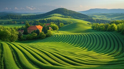 Fototapeta premium Serene rolling hills, terraced fields, village, sunrise