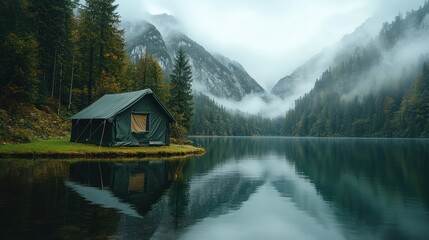 Fototapeta premium Lakeside camping tent, misty mountains, autumn
