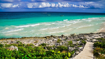 Magnificent sea views of the sparkling blue Caribbean sea with the beautiful Santa Fe beach in the...