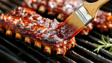 Juicy Barbecue Ribs Glazed with Sweet Sauce on a Grill, Close-Up of Tender Meat Being Brushed with Flavorful BBQ Sauce for Mouthwatering Summer Cooking