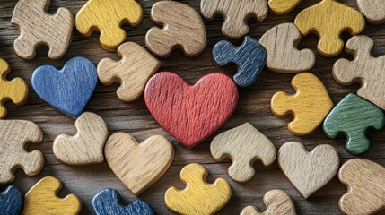 Obraz premium Wooden Puzzle Heart: A Symbol of Unity and Connection