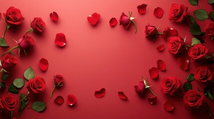 Red roses and petals arranged on vibrant background creating romantic floral frame